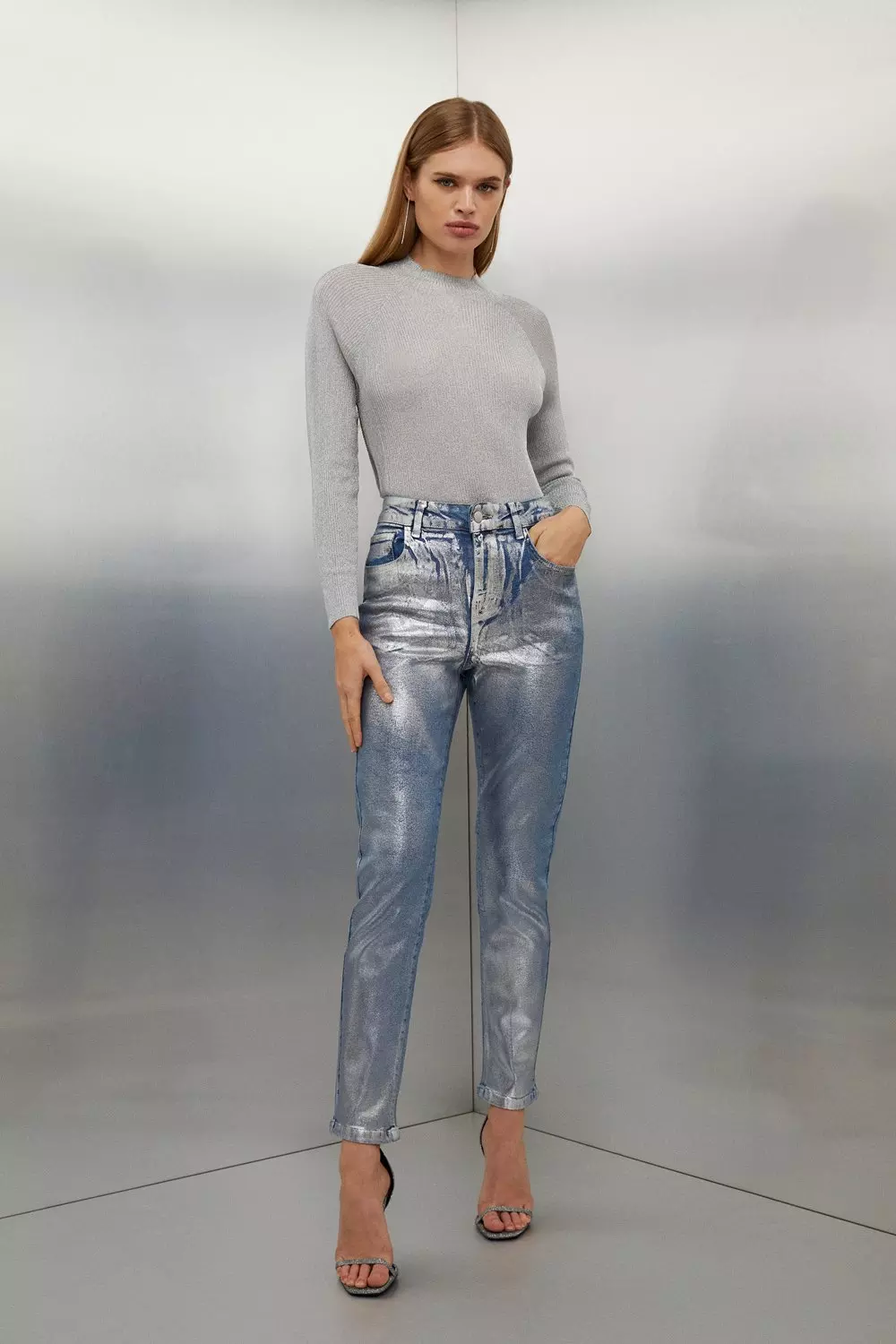 High Rise Slim Leg Silver Foiled Jeans | Karen Millen